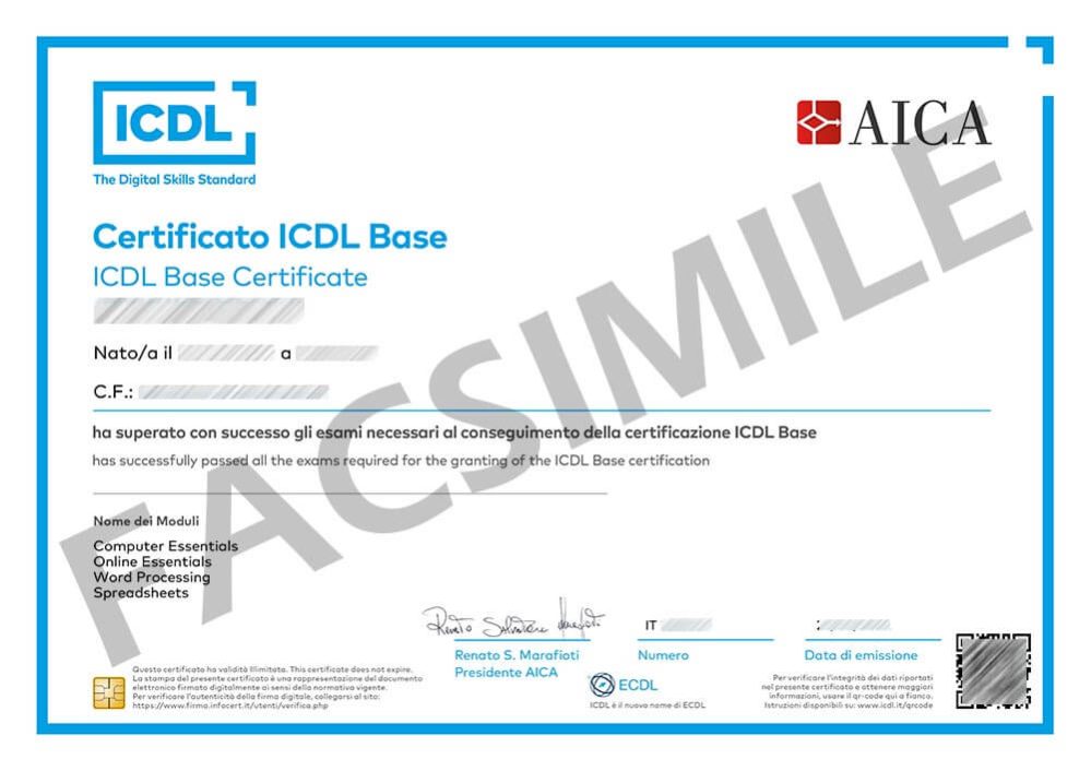 ICDL Base - certificato facsimile