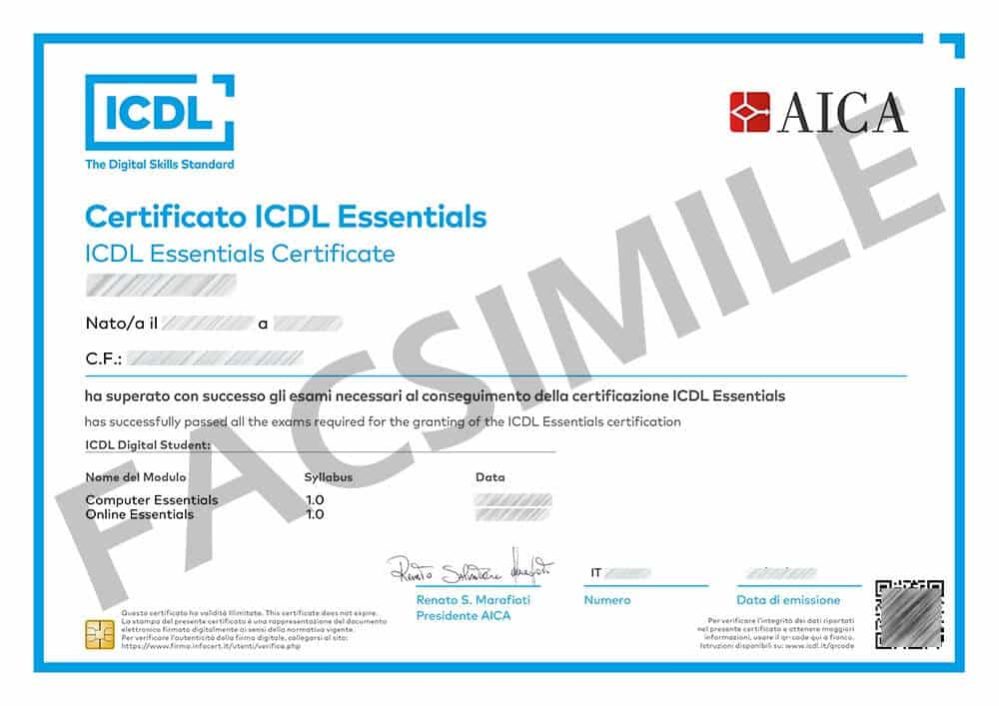 ICDL Essentials - certificato facsimile
