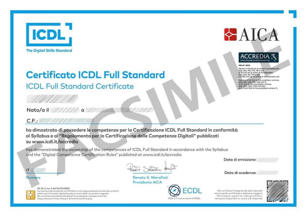Certificato ICDL Full Standard - Facsimile