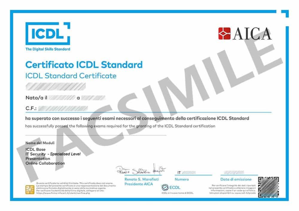 ICDL Standard - certificato facsimile